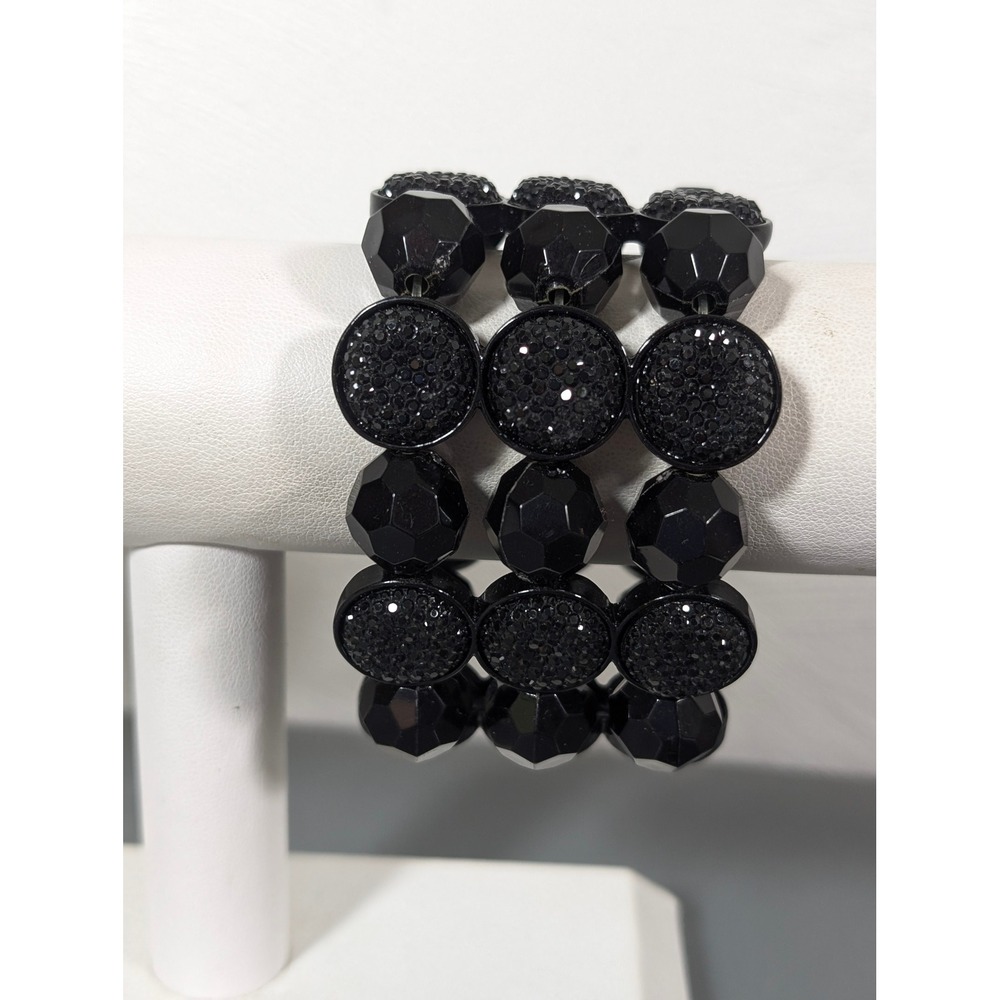 Black Faux Drusy Faceted Bead Wide 3 Row Stretch Bracelet Goth Glam 7 in